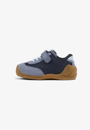 Children's shoe featuring a blue and grey fabric upper, Velcro strap, and rubber sole with textured grip. Round toe with stitched accents.