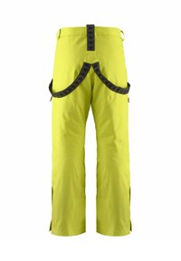 Pantaloni da sci impermeabili di un luminoso colore giallo, dotati di bretelle nere, tasche laterali e aperture con zip alle caviglie per la ventilazione.