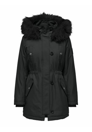 Zwarte parka jas met een nepbont capuchon, drukknoopsluiting, elastische taille en twee voorkeispockets. Heeft geribde manchetten en een gladde afwerking.