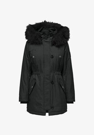 Schwarze Parkajacke mit Kapuze aus Kunstfell, Druckknöpfen, elastischem Bund und zwei Fronttaschen. Verfügt über gerippte Manschetten und eine glatte Oberfläche.