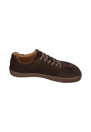 Dark brown suede low-top sneaker with matching laces and light brown rubber sole, shown from the outside side.