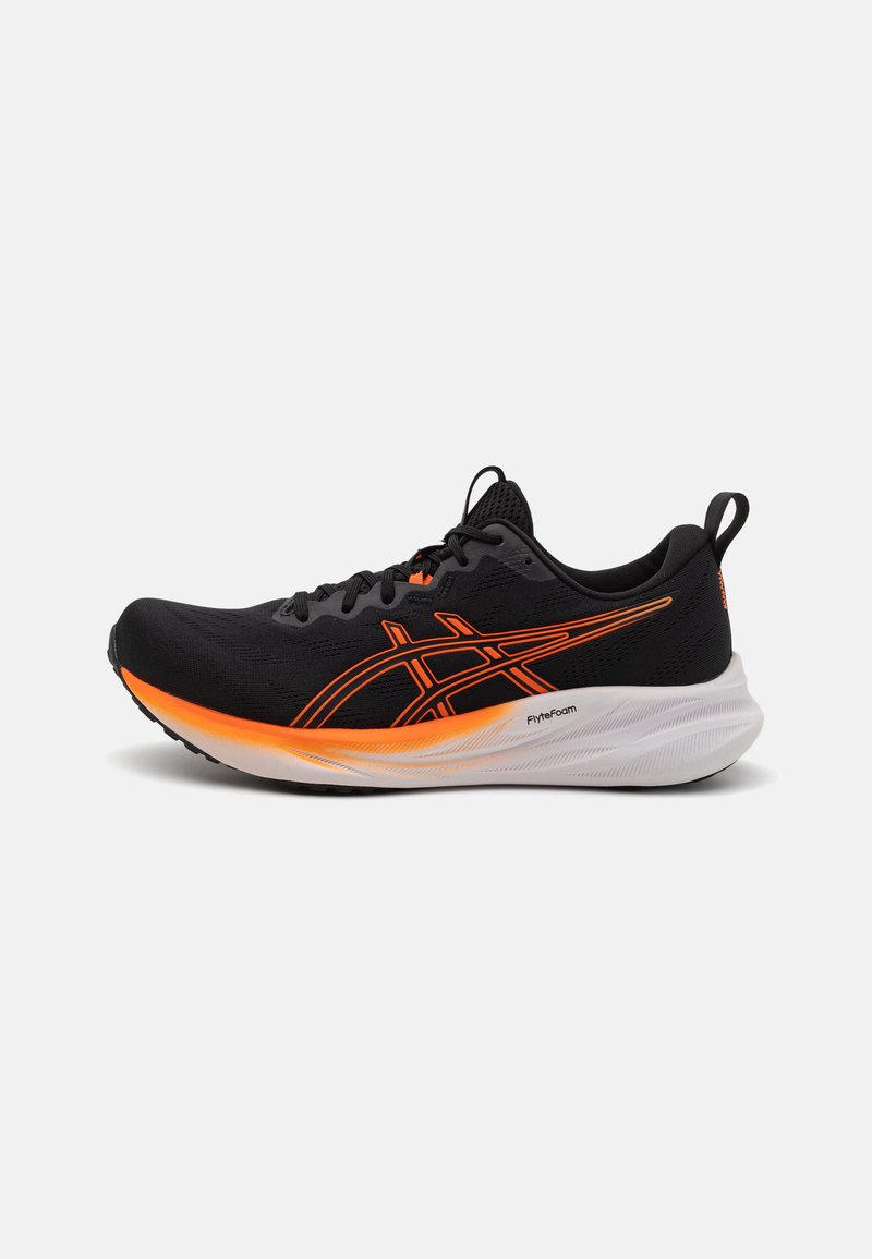 Black running shoe with orange accents, lightweight mesh upper, cushioned sole, and distinctive logo design on the side.