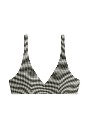 Soutien-gorge souple en tissu à carreaux noir et blanc avec fines bretelles et décolleté en V profond, conçu pour un soutien léger et un confort optimal.