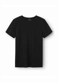 Černé bavlněné tričko s krátkým rukávem a kulatým výstřihem. Hladká textura, volný střih. Minimalistický design bez dalších vzorů nebo akcentů.