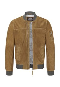 Brown suede bomber jacket with a gray ribbed collar and cuffs, featuring front pockets and a zippered sleeve pocket. Lined with a patterned interior.