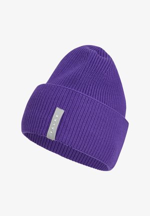 Purple knit beanie with a folded cuff, featuring a sewn gray tag with "FALKE" text. The texture is ribbed for warmth and stretch.