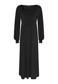 Robe maxi noire avec de longues manches bouffantes, décolleté carré, corsage smocké et jupe fluide. Fabriquée à partir d'un tissu doux au toucher lisse.