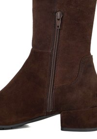 Brown suede mid-calf boot with side zipper, rounded toe, and low block heel on a white background.