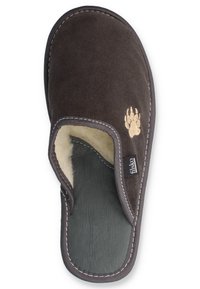 Braune Wildlederhausschuhe mit einer cremefarbenen Innenausstattung, versehen mit einem hellbraunen Pfotenabdruck-Design, Kontrastnähten und einer strukturierten Gummisohle.