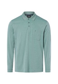Light green long-sleeve polo shirt with three buttons, a chest pocket, and a textured collar.