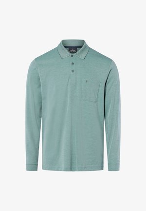Hellgrünes langärmliges Poloshirt mit drei Knöpfen, einer Brusttasche und einem strukturierten Kragen.