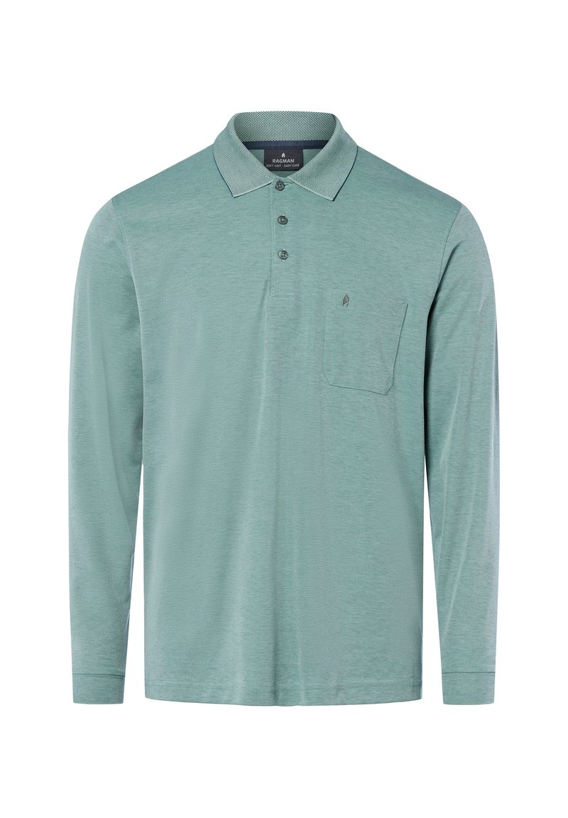 Light green long-sleeve polo shirt with three buttons, a chest pocket, and a textured collar.