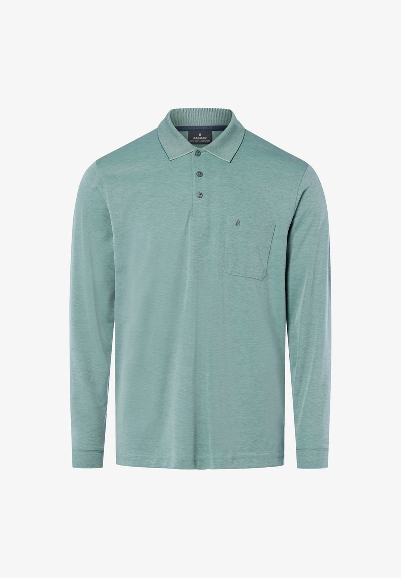 Light green long-sleeve polo shirt with three buttons, a chest pocket, and a textured collar.