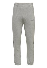 Pantalones deportivos grises con cinturilla elástica, piernas ajustadas y franjas laterales en contraste. Presenta un logo impreso en el frente. Material suave.