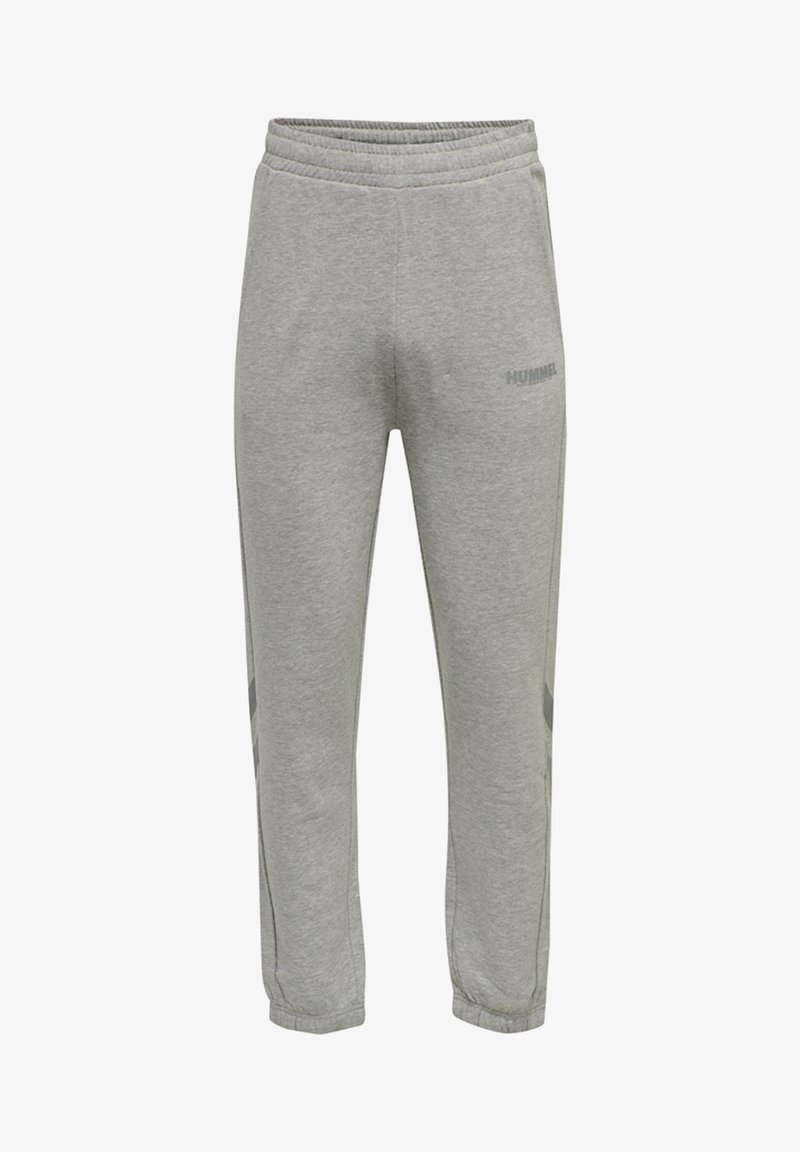 Pantalones deportivos grises con cinturilla elástica, piernas ajustadas y franjas laterales en contraste. Presenta un logo impreso en el frente. Material suave.