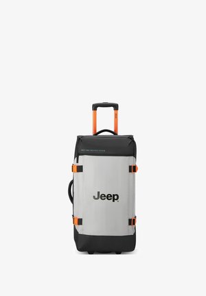 Grauer rollbarer Duffelbag mit schwarzem Boden, orangefarbenen Akzenten, verstellbaren Trägern und ausziehbarem Griff. Logo wird prominent auf der Vorderseite angezeigt.