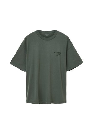 Dark green short-sleeve t-shirt made from cotton; features a crew neckline and small black logo printed on the left chest area.