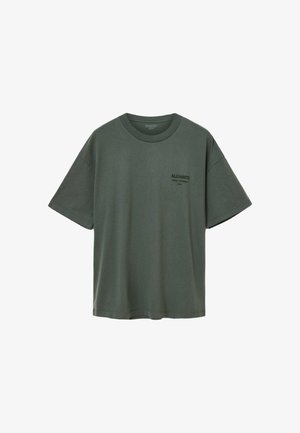 Dark green short-sleeve t-shirt made from cotton; features a crew neckline and small black logo printed on the left chest area.