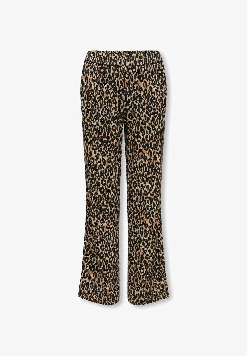 Hlače s flared krojem v leopardjem vzorcu z elastičnim pasom. Narejene so iz mehkega, raztegljivega materiala, ki prikazuje rjavo, črno in smetanasto barvo.