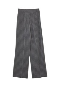 Graue weit geschnittene Hose mit dünnen weißen vertikalen Streifen, hoher Taille und flachem Bund, auf weißem Hintergrund flach ausgelegt.