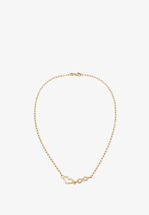 Guldkæde med et hjerte og uendelighedssymbol charm, omkranset af små klare sten for ekstra detalje og tekstur.