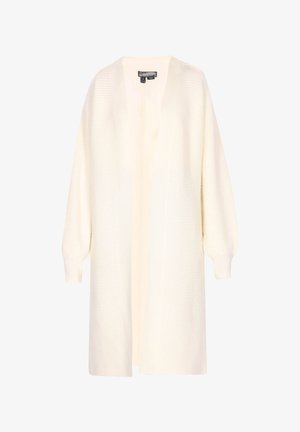 Langer Cardigan mit offenem Vorderteil in Creme, mit gerippter Textur und lockeren, puffartigen Ärmeln. Ideal zum Schichten, vielseitiges Design.