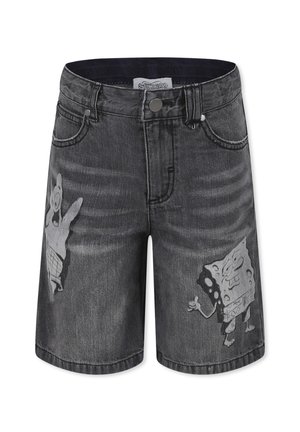 Pantalones cortos de mezclilla gris con un ajuste relajado, que presentan diseños impresos de Bob Esponja y Patricio Estrella en el frente.