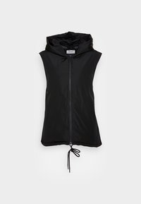 Schwarze ärmellose Jacke mit Reißverschluss vorne, großer Kapuze und verstellbarem Saumzug. Hergestellt aus glattem, leichtem Stoff.