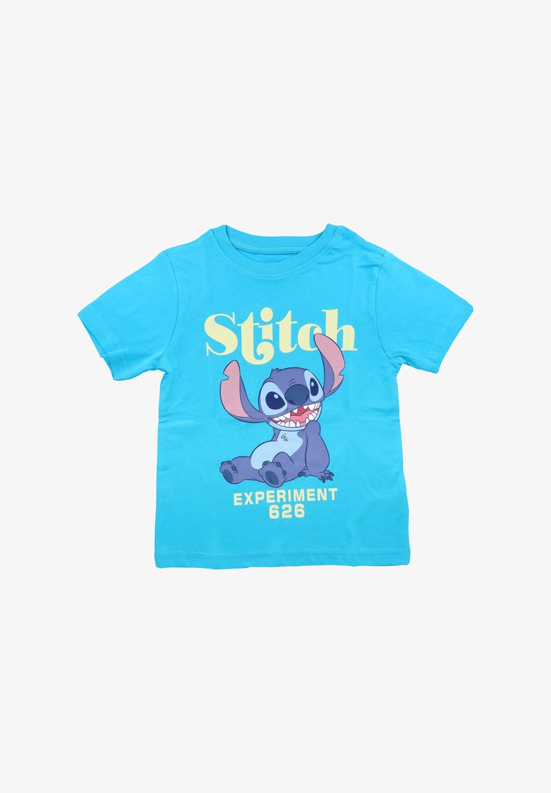 Kirjava sininen lasten T-paita, jossa on hymyilevä sarjakuvahahmo Stitch istumassa, ja alla teksti "Stitch" ja "KOKEILU 626".