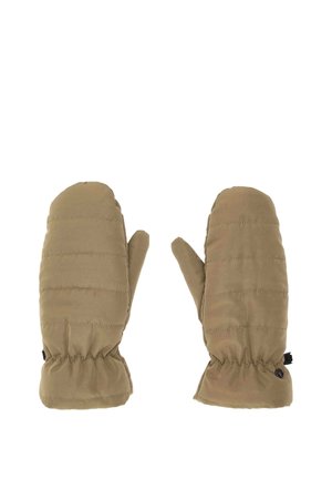 Pair of beige padded mittens with elastic wrists and separate thumb sections, designed for warmth and cold weather use.