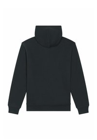 Felpa nera con cappuccio e maniche lunghe, realizzata in tessuto morbido, con un design posteriore semplice, senza loghi o motivi visibili.