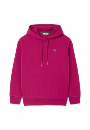 Felpa con cappuccio rosa acceso con coulisse, polsini e orlo a coste, e un piccolo logo verde ricamato sul petto sinistro.