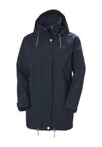Granatowa wodoodporna kurtka z kapturem, dwiema przednimi kieszeniami, akcentami ze sznurkiem i zapięciem na zamek. Wykonana z gładkiego, trwałego materiału.