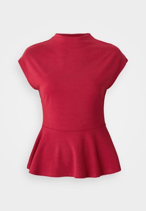 Red cap-sleeve peplum top with mock neck and fitted waist.