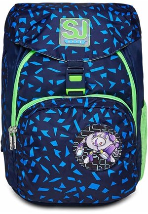 Zaino navy con motivi geometrici blu e dettagli verdi. Presenta una tasca frontale con una toppe a forma di personaggio circolare e una chiusura con fibbia.