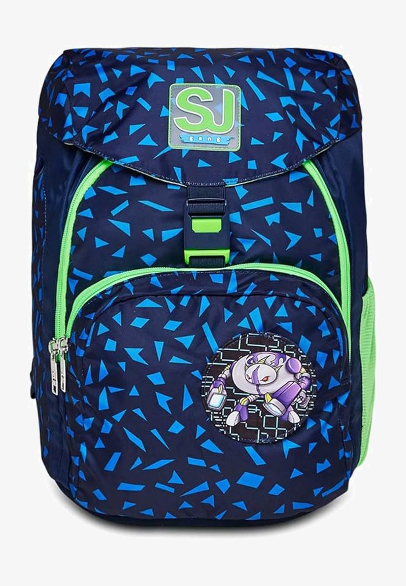 Zaino navy con motivi geometrici blu e dettagli verdi. Presenta una tasca frontale con una toppe a forma di personaggio circolare e una chiusura con fibbia.