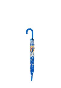 Blue umbrella with a curved handle, featuring a printed design of characters on a light blue background and a smooth fabric texture.