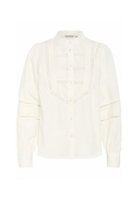Blusa bianca con colletto alto, chiusura a bottoni e dettagli in pizzo decorativo sulla parte anteriore e sulle maniche. Tessuto di cotone morbido e strutturato.