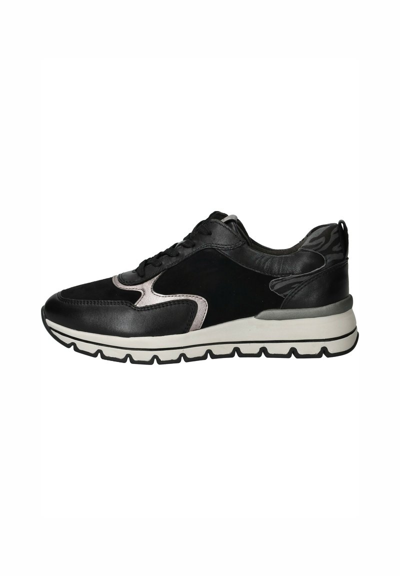 Sneaker in pelle nera con accenti grigi, punta tondeggiante, design con lacci, suola imbottita e pannello laterale testurizzato per una migliore aderenza.
