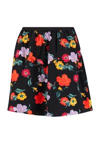 Falda floral de tela negra con flores coloridas en rojo, naranja, púrpura y amarillo. Cintura elástica, diseño hasta la rodilla.