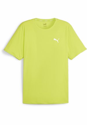 Limonkowo-zielona sportowa koszulka z lekkiego materiału, z okrągłym dekoltem i krótkimi rękawami. Na piersi haftowane białe logo.