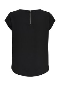 Černý top s krátkým rukávem, hladkou texturou, zaobleným lemem a zipovým uzávěrem na zadní straně. Jednoduchý design a standardní střih.