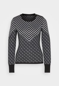 Schwarzer und grauer Pullover mit einem Chevron-Muster auf der oberen Hälfte und einem geometrischen Design darunter. Gerippte Bündchen und Halsausschnitt, mit Knopfakzenten.