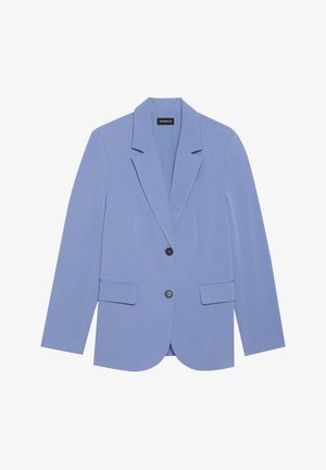 Blazer azzurro chiaro con colletto a punta, due tasche frontali e due bottoni neri. Realizzato in tessuto liscio con un design strutturato.