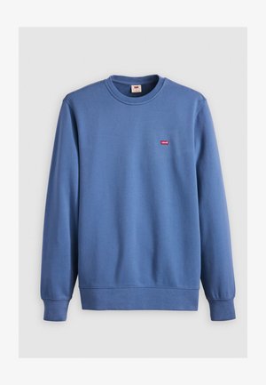 Sudadera azul con cuello redondo, mangas largas, puños y dobladillo acanalados. Presenta un pequeño logotipo rojo de Levi's en el pecho. Material de algodón suave.