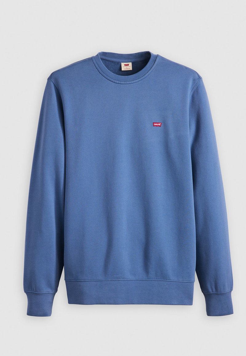 Sweatshirt bleu avec encolure ras du cou, manches longues, poignets et ourlet côtelés. Présente un petit logo rouge Levi's sur la poitrine. Matière en coton doux.