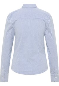 Blue and white striped long-sleeve shirt with a collar, buttoned cuffs, and a curved hem. Smooth fabric with a lightweight texture.