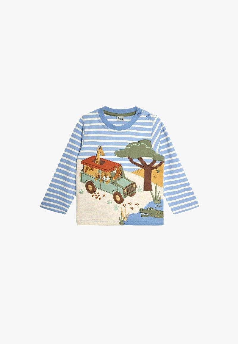 Hosszú ujjú ing kék és fehér csíkokkal, zöld járművet ábrázoló grafikával, állatokkal, valamint természetes tájat fákkal és vízzel.