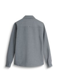 Grijs shirt met lange mouwen en een subtiele textuur, met knoopmanchetten, een klassieke kraag en een klein logo op de bovenrug.
