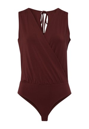 Body senza maniche bordeaux con design avvolgente, scollatura a V, chiusura sul retro con lacci e vita elastica. Texture liscia, forma aderente.